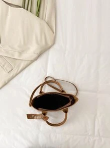 Letter Embossed Double Handle Square Bag With Bag Charm - Brown - View 6