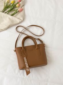 Letter Embossed Double Handle Square Bag With Bag Charm - Brown - View 7