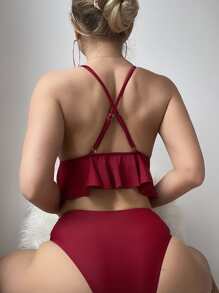 SHEIN Swim Summer Beach Plain Ruffle Hem Bikini - Maroon - View 2