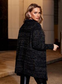 Marled Knit Fuzzy Trim Duster Cardigan - Black - View 2