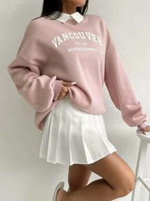 SHEIN EZwear Áo chui đầu vai trễ cổ họa tiết chữ tương phản, áo dài tay tốt nghiệp, trang phục trở lại trường, tốt nghiệp, trang phục giáo viên nữ, trở lại trường vào mùa thu/đông - Bụi hồng - Xem 3