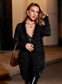 Marled Knit Fuzzy Trim Duster Cardigan - Black - View 4