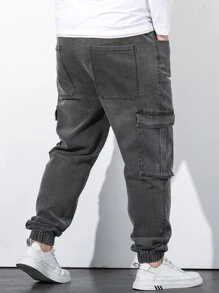 Manfinity Men Plus Flap Pocket Drawstring Waist Cargo Jeans - Dark Grey - View 2