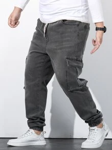 Manfinity Men Plus Flap Pocket Drawstring Waist Cargo Jeans - Dark Grey - View 4