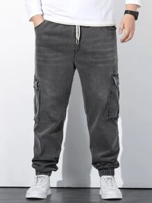 Manfinity Men Plus Flap Pocket Drawstring Waist Cargo Jeans - Dark Grey - View 5