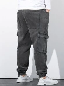 Manfinity Men Plus Flap Pocket Drawstring Waist Cargo Jeans - Dark Grey - View 6