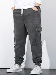 Manfinity Men Plus Flap Pocket Drawstring Waist Cargo Jeans - Dark Grey - View 7