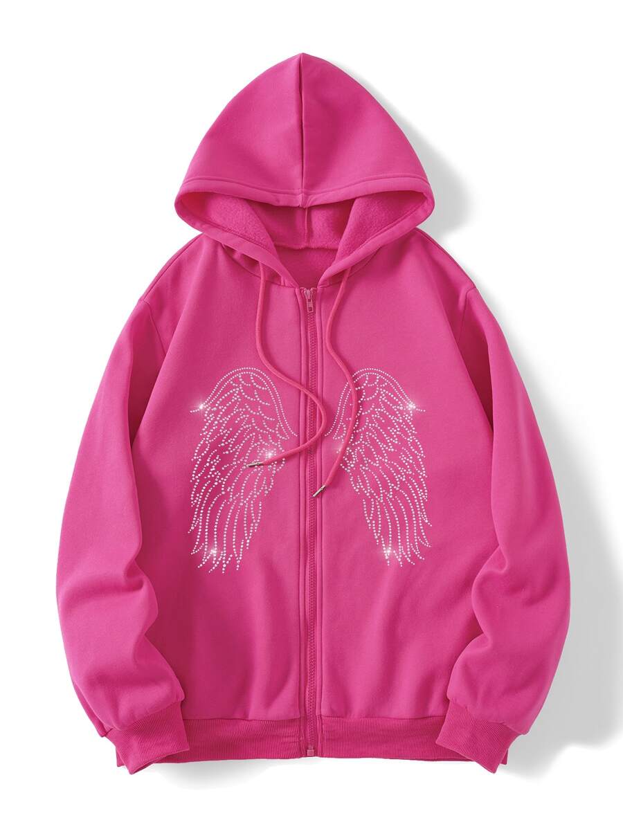 SHEIN EZwear 水鑽翅膀拉鏈開襟抽繩加絨內裏連帽衫 - 玫紅色 - 查看 1