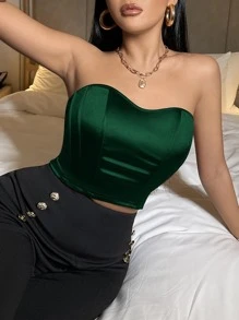 SHEIN SXY Spring And Summer Satin Short Tube Top Sexy Date Green Tight Top - Dark Green - View 1