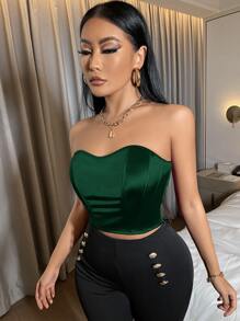 SHEIN SXY Spring And Summer Satin Short Tube Top Sexy Date Green Tight Top - Dark Green - View 3