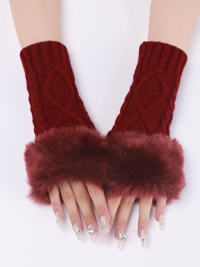 Fuzzy Trim Fingerless Gloves