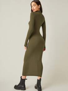 SHEIN BASICS 高領素色包臀洋裝 - 軍綠色 - 查看 2