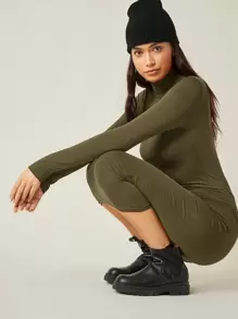 SHEIN BASICS 高領素色包臀洋裝 - 軍綠色 - 查看 3