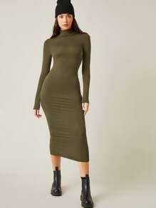 SHEIN BASICS 高領素色包臀洋裝 - 軍綠色 - 查看 5