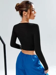 SHEIN ICON Spring Black Gorpcore Solid Crop Tee - Black - View 2