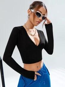 SHEIN ICON Spring Black Gorpcore Solid Crop Tee - Black - View 1