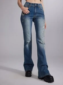 ROMWE Fairycore Butterfly Embroidery Jeans, School - Medium Wash - View 4