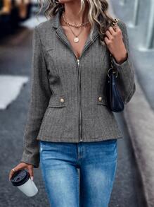 SHEIN LUNE Herringbone Zip Up Flap Detail Jacket - Black and White - View 3