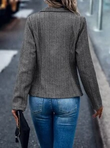 SHEIN LUNE Herringbone Zip Up Flap Detail Jacket - Black and White - View 2