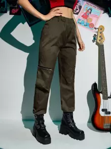 ROMWE Grunge Punk 拉鍊鏈條工裝褲 - 軍綠色 - 查看 3