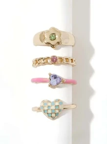 SHEIN MOD 4 Nhẫn Trang Trí Hoa Trái Tim - Vàng - Xem 1