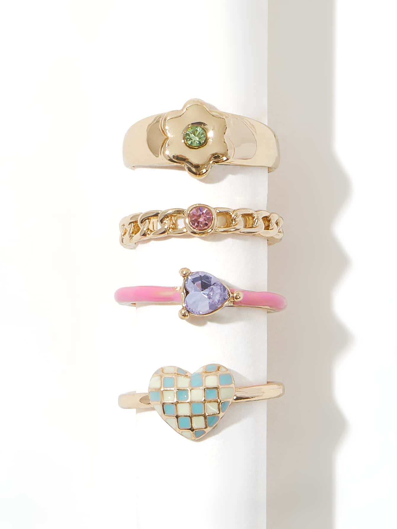 SHEIN MOD 4 Nhẫn Trang Trí Hoa Trái Tim - Vàng - Xem 1