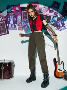 ROMWE Grunge Punk 拉鍊鏈條工裝褲 - 軍綠色 - 查看 4