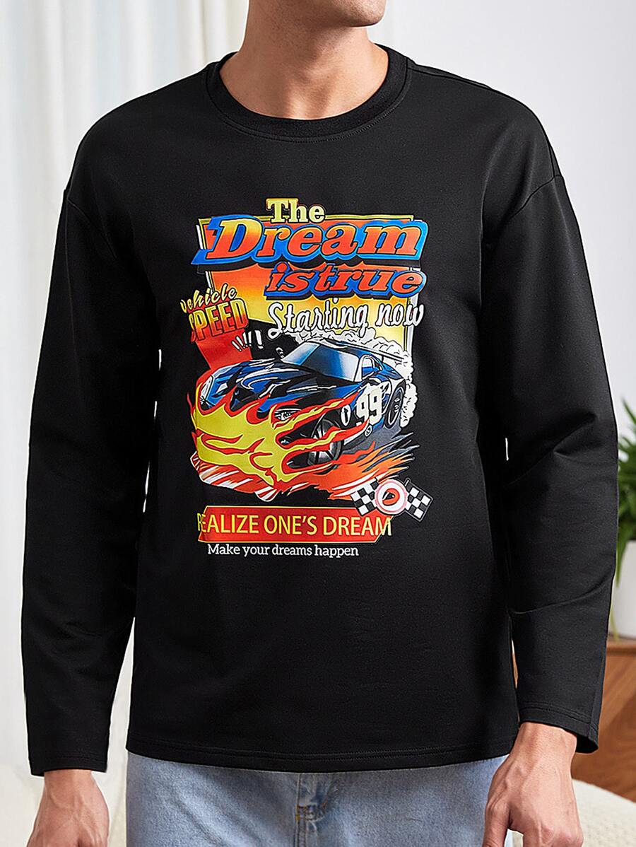Manfinity Hombres Camiseta con estampado de slogan y coche - Negro - Ver 1