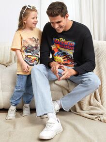 Manfinity Hombres Camiseta con estampado de slogan y coche - Negro - Ver 2