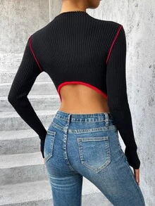 SHEIN ICON Contrast Binding Asymmetrical Hem Crop Jumper - Black - View 2