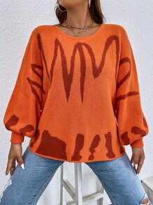 Calvaya Plus Graphic Pattern Bishop Sleeve Jumper - Orange - View 1