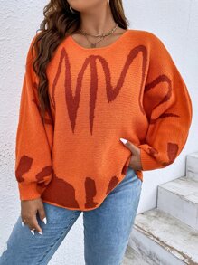 Calvaya Plus Graphic Pattern Bishop Sleeve Jumper - Orange - View 5