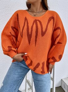 Calvaya Plus Graphic Pattern Bishop Sleeve Jumper - Orange - View 6