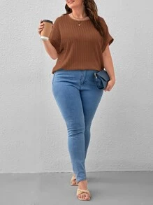 SHEIN LUNE Áo thun Plus size màu trơn Giải trí - Rỉ Nâu - Xem 5