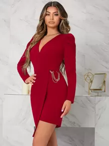 SHEIN Privé 羊腿袖鏈條細節圍裹褶邊連衣裙 - 紅色 - 查看 1