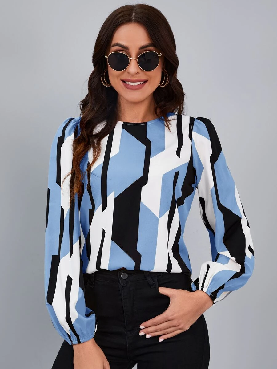 SHEIN Clasi 幾何後鎖孔燈籠袖襯衫 - 藍色 - 查看 1