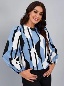 SHEIN Clasi 幾何後鎖孔燈籠袖襯衫 - 藍色 - 查看 3