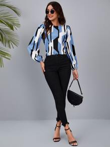 SHEIN Clasi 幾何後鎖孔燈籠袖襯衫 - 藍色 - 查看 5