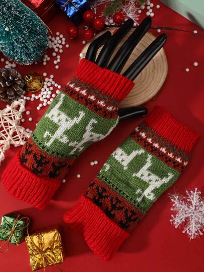 Christmas Elk Pattern Fingerless Gloves