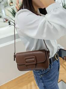 搭扣裝飾翻蓋法棍包 - 咖啡棕 - 查看 1