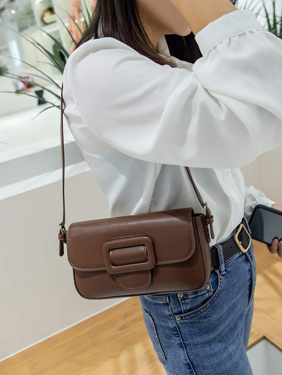 搭扣裝飾翻蓋法棍包 - 咖啡棕 - 查看 1