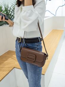 搭扣裝飾翻蓋法棍包 - 咖啡棕 - 查看 4