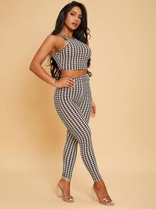 SHEIN Privé 千鳥格無袖短上衣和緊身褲套裝 - 彩色 - 查看 3