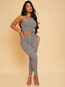 SHEIN Privé 千鳥格無袖短上衣和緊身褲套裝 - 彩色 - 查看 1