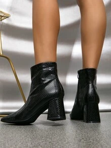 Snakeskin Embossed Point Toe Side Zip Chunky Heeled Classic Boots - Black - View 2