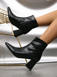 Snakeskin Embossed Point Toe Side Zip Chunky Heeled Classic Boots - Black - View 5