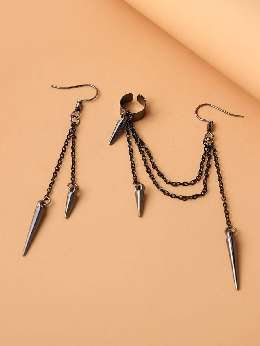 圓錐裝飾不對稱耳墜 - 黑色 - 查看 1