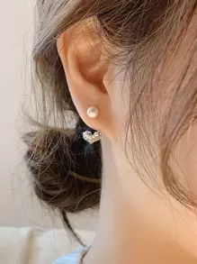 珍珠和水鑽愛心裝飾耳夾 - 金黃色 - 查看 1