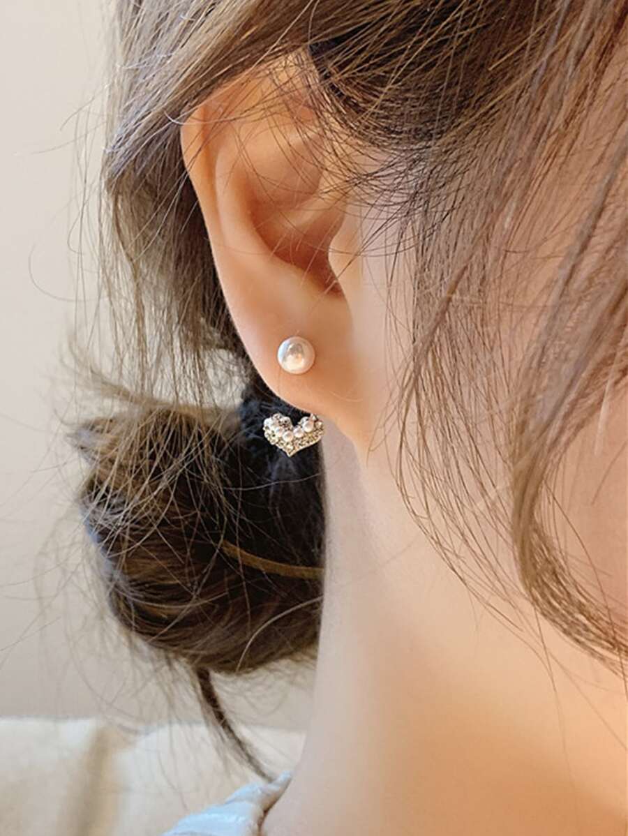 珍珠和水鑽愛心裝飾耳夾 - 金黃色 - 查看 1