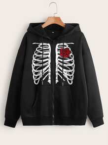 SHEIN EZwear 骷髅圖案拉鏈開襟落肩袖抽繩加絨內裏連帽衫 - 黑色 - 查看 1